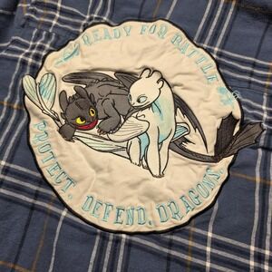 How To Train Your Dragon Flannel Shirt Medium Toothless Light Fury Plaid Blue